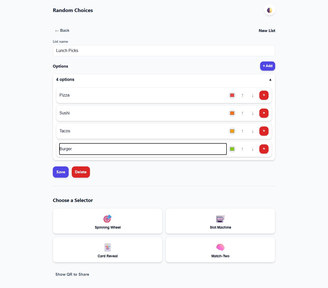 List editor with selector cards